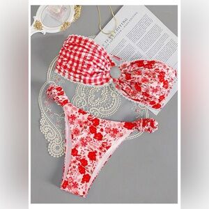 Plaid and Floral Red and White Bikini Set